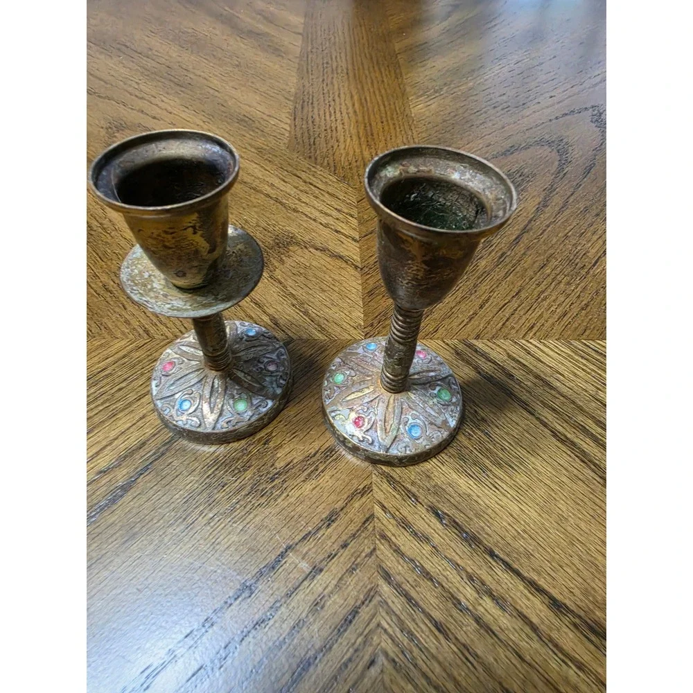 Vintage Brass Candlestick Holders Set of 2 Ornate Enamel Detail Weathered Patina